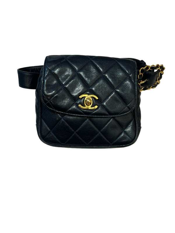 CHANEL Lambskin Quilted Belt Bag Belt Bag Black Gold Hardware Ry15