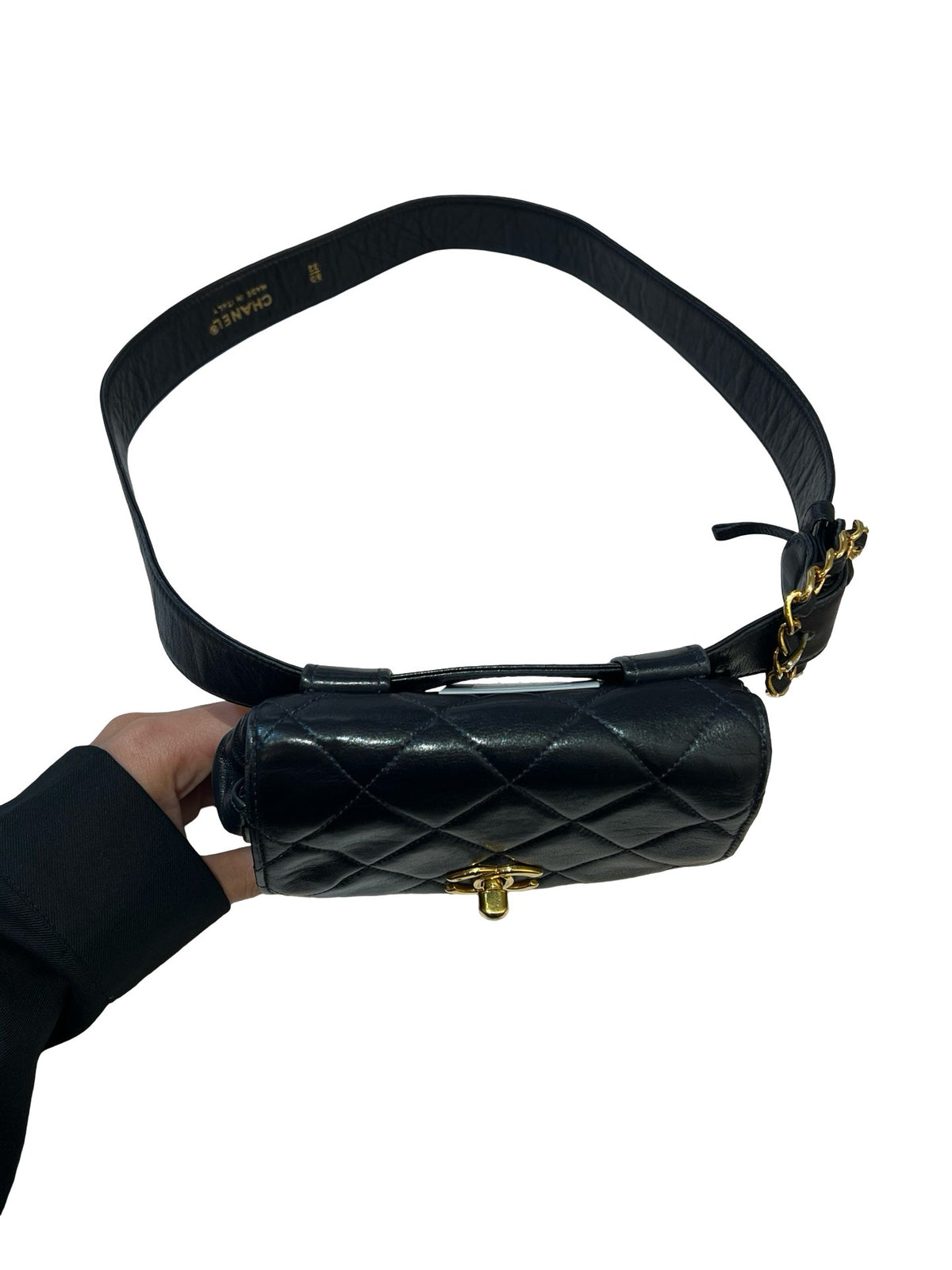CHANEL Lambskin Quilted Belt Bag Belt Bag Black Gold Hardware Ry15