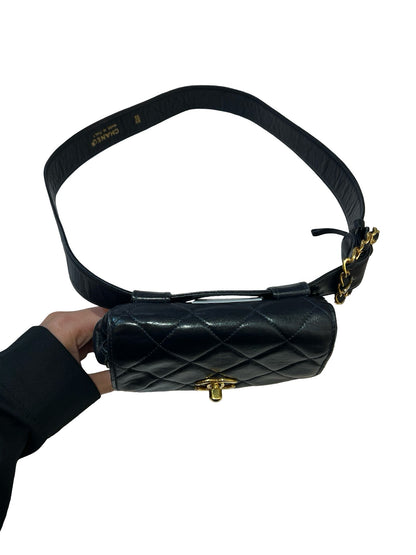 CHANEL Lambskin Quilted Belt Bag Belt Bag Black Gold Hardware Ry15