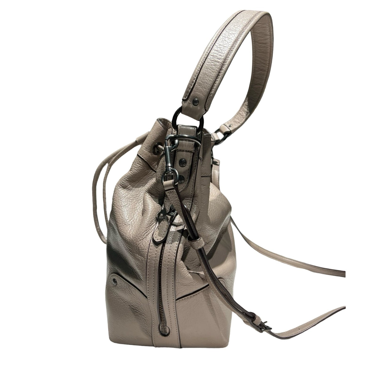 COACH Pebbled Leather Charlie Bucket Bag Shoulder Bag Taupe Silver Hardware Co51