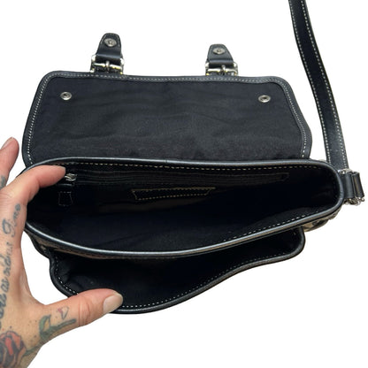 COACH Canvas, Leather Signature C Flap Crossbody Bag Shoulder Bag Black, Grey Silver Hardware Co55