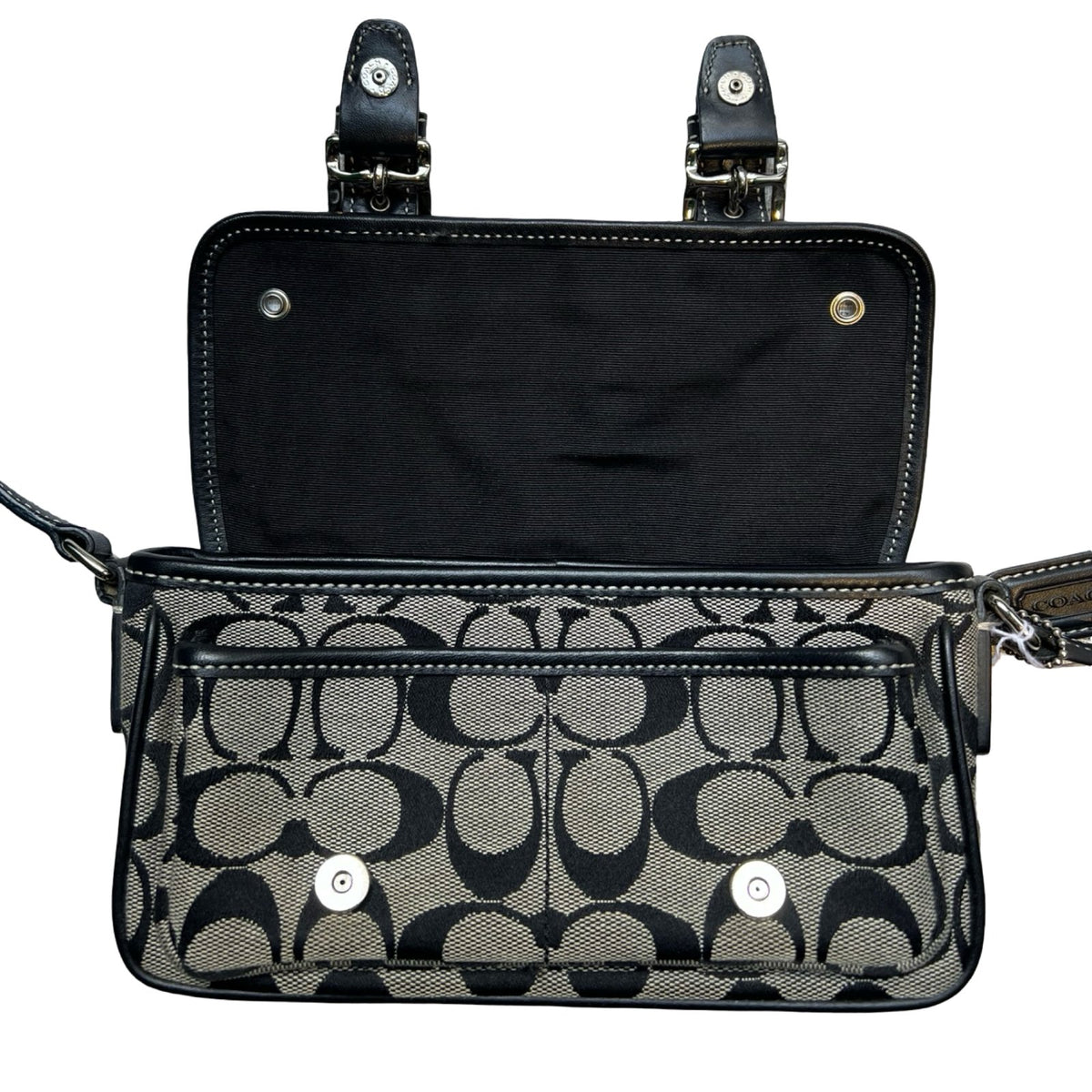 COACH Canvas, Leather Signature C Flap Crossbody Bag Shoulder Bag Black, Grey Silver Hardware Co55