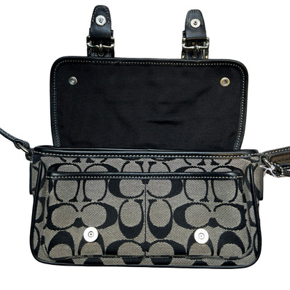 COACH Canvas, Leather Signature C Flap Crossbody Bag Shoulder Bag Black, Grey Silver Hardware Co55