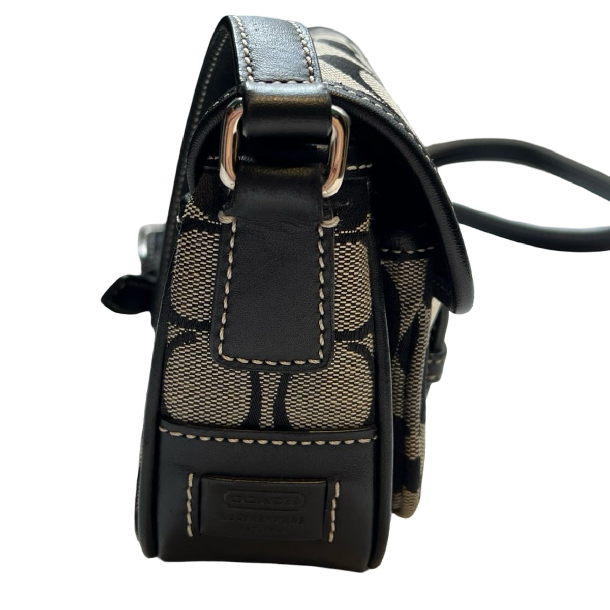 COACH Canvas, Leather Signature C Flap Crossbody Bag Shoulder Bag Black, Grey Silver Hardware Co55