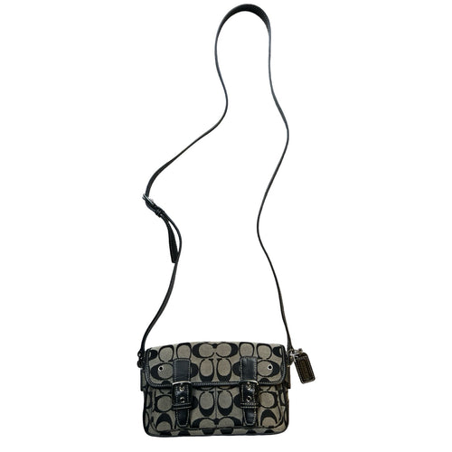 COACH Canvas, Leather Signature C Flap Crossbody Bag Shoulder Bag Black, Grey Silver Hardware Co55