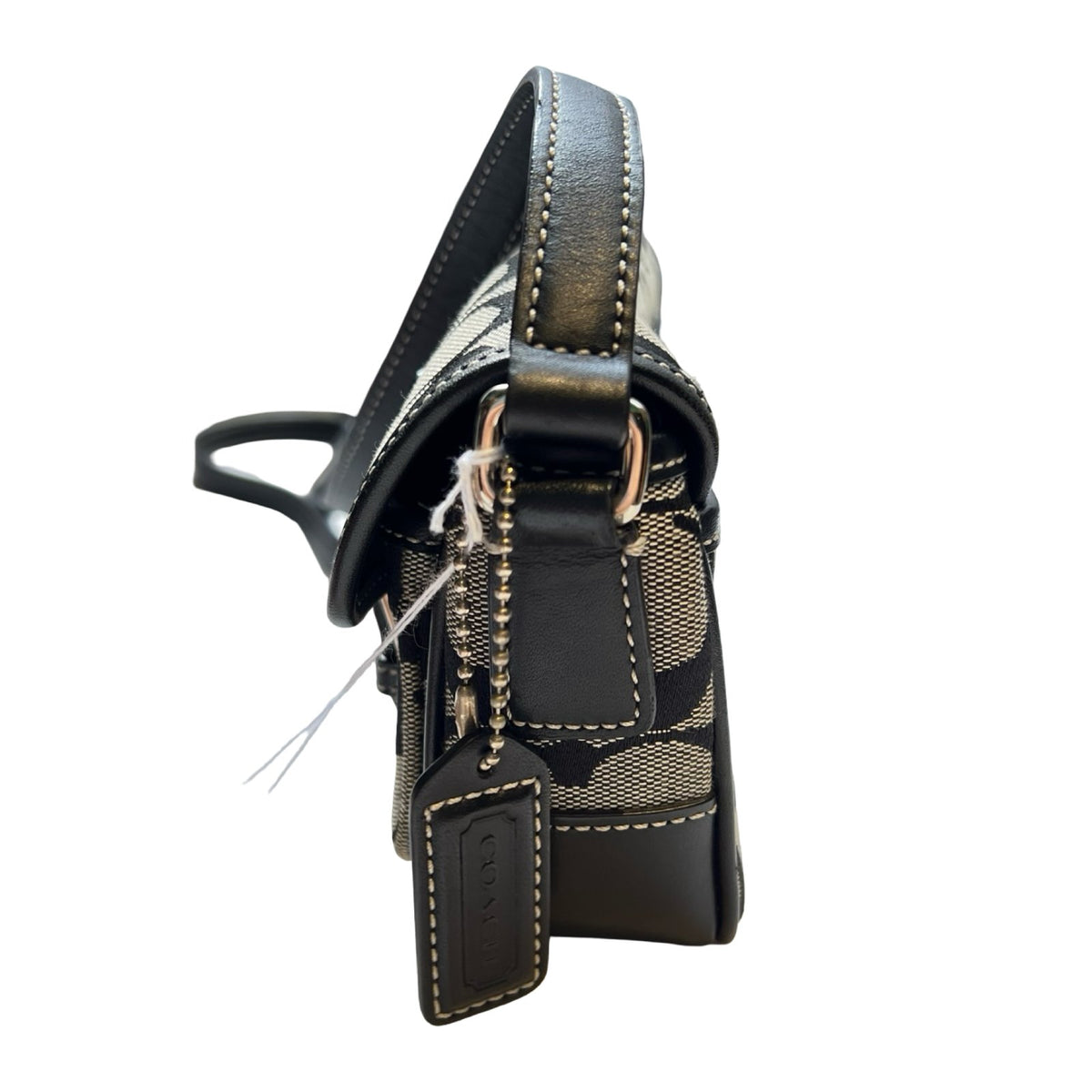 COACH Canvas, Leather Signature C Flap Crossbody Bag Shoulder Bag Black, Grey Silver Hardware Co55