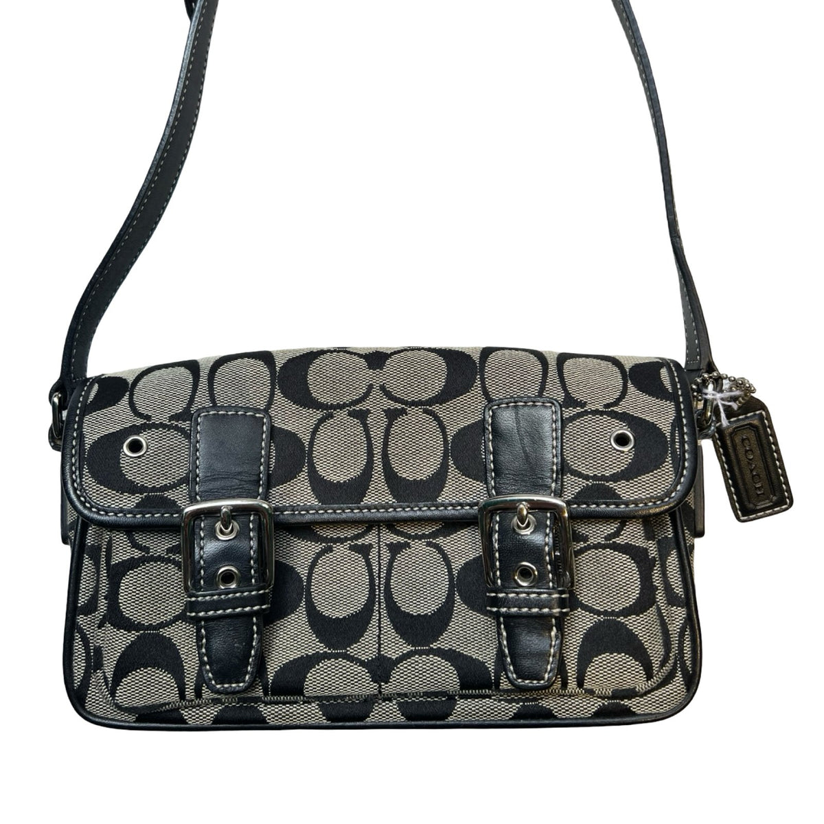 COACH Canvas, Leather Signature C Flap Crossbody Bag Shoulder Bag Black, Grey Silver Hardware Co55