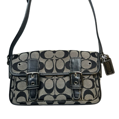 COACH Canvas, Leather Signature C Flap Crossbody Bag Shoulder Bag Black, Grey Silver Hardware Co55