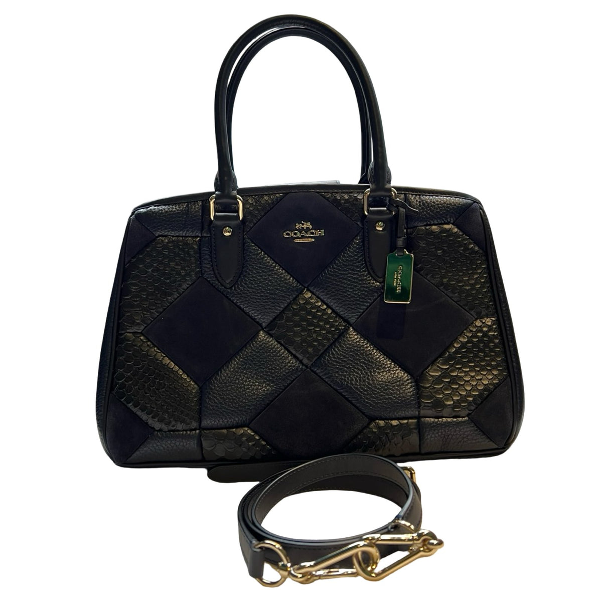 COACH Patchwork Leather & Suede Patchwork Satchel Handbag Handbag Navy Blue Gold Hardware Co64