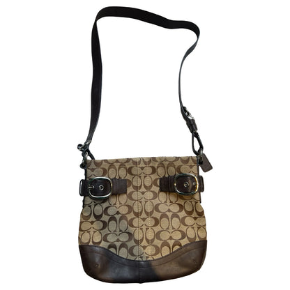 COACH Signature Canvas, Leather Signature Canvas Shoulder Bag with Buckle Detail Shoulder Bag Brown, Dark Brown Silver Hardware Co54
