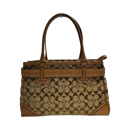 COACH Jacquard, Leather Hamptons Signature Satchel Handbag Brown, Khaki Gold Hardware Co89