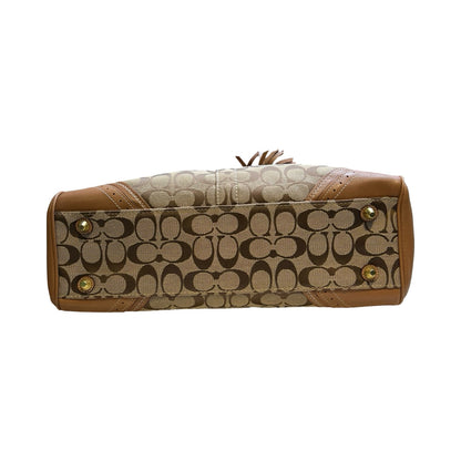 COACH Jacquard, Leather Hamptons Signature Satchel Handbag Brown, Khaki Gold Hardware Co89