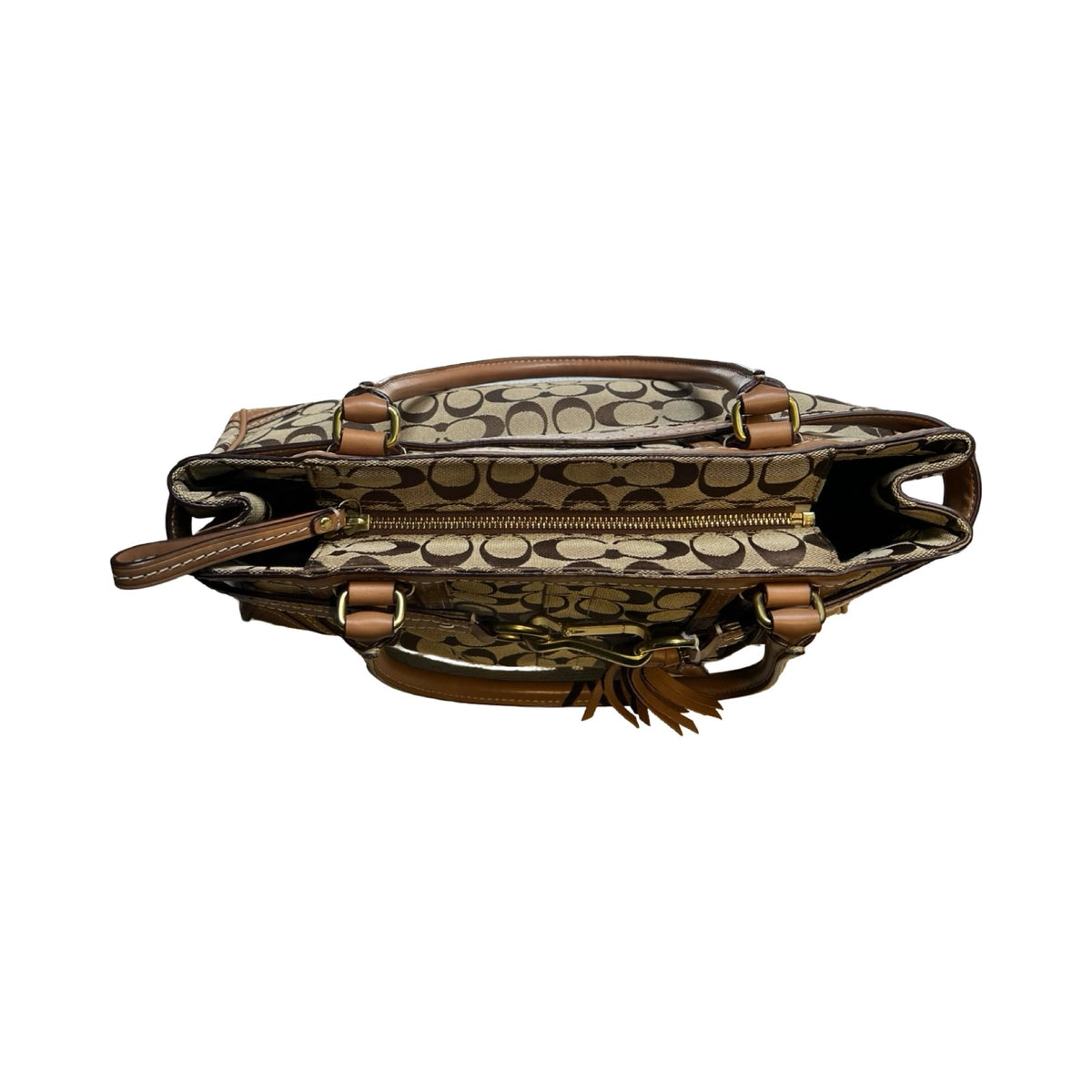 COACH Jacquard, Leather Hamptons Signature Satchel Handbag Brown, Khaki Gold Hardware Co89