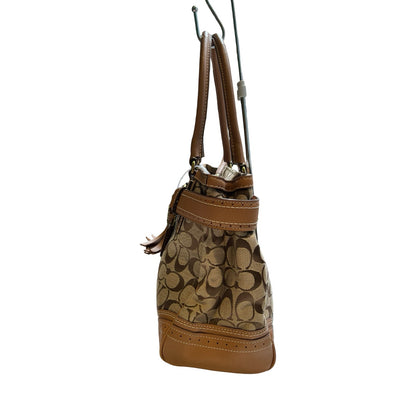 COACH Jacquard, Leather Hamptons Signature Satchel Handbag Brown, Khaki Gold Hardware Co89
