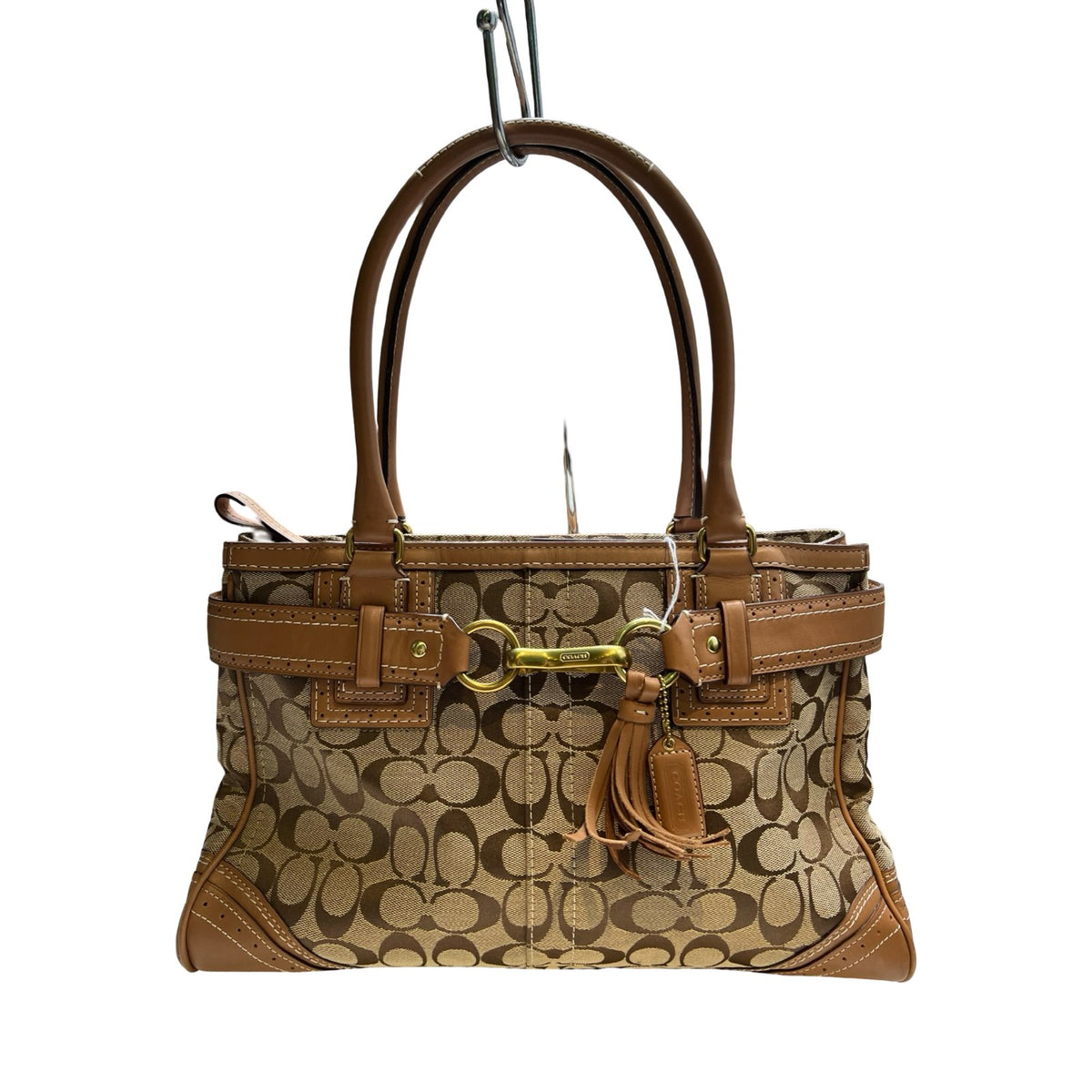 COACH Jacquard, Leather Hamptons Signature Satchel Handbag Brown, Khaki Gold Hardware Co89