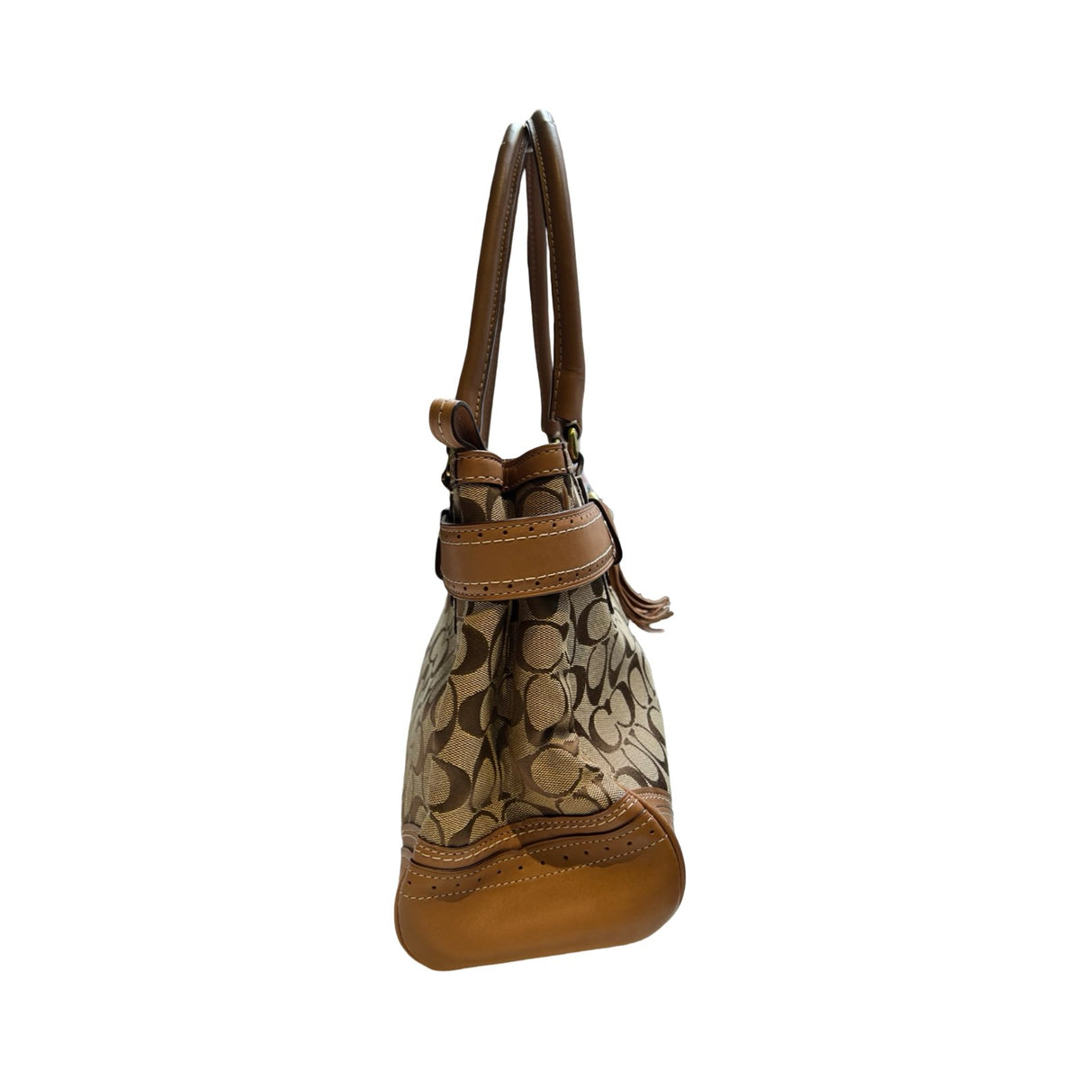 COACH Jacquard, Leather Hamptons Signature Satchel Handbag Brown, Khaki Gold Hardware Co89