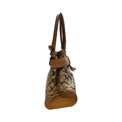 COACH Jacquard, Leather Hamptons Signature Satchel Handbag Brown, Khaki Gold Hardware Co89