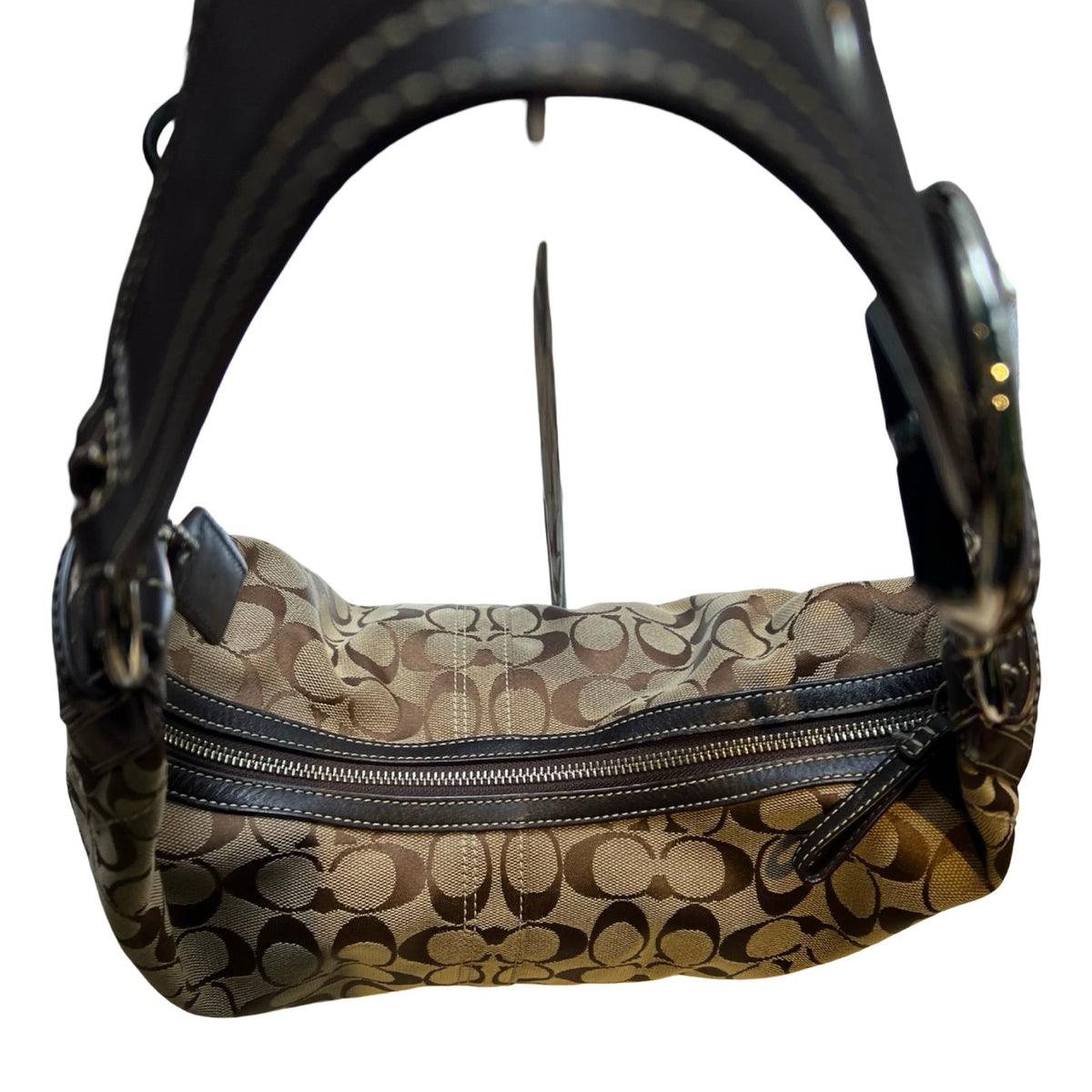 COACH Canvas Signature Ergo Hobo Bag Shoulder Bag Khaki and Brown Silver Hardware Co93