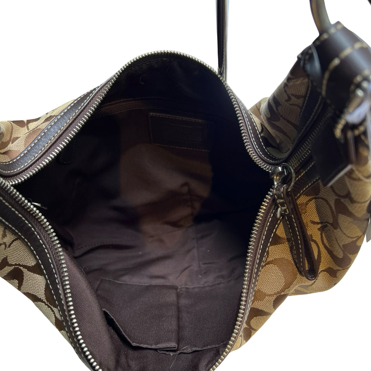 COACH Canvas Signature Ergo Hobo Bag Shoulder Bag Khaki and Brown Silver Hardware Co93