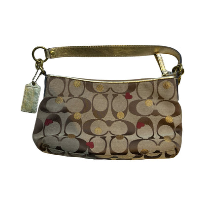 COACH Canvas/Leather Signature Stripe Heart Print Mini Pochette/Wristlet Shoulder Bag Brown, Gold, Red Gold Hardware CO90