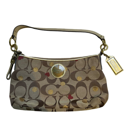 COACH Canvas/Leather Signature Stripe Heart Print Mini Pochette/Wristlet Shoulder Bag Brown, Gold, Red Gold Hardware CO90