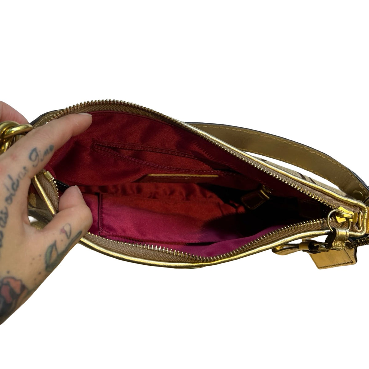 COACH Canvas/Leather Signature Stripe Heart Print Mini Pochette/Wristlet Shoulder Bag Brown, Gold, Red Gold Hardware CO90