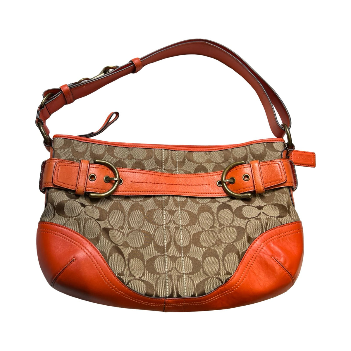 COACH Canvas and Leather Unknown Shoulder Bag Beige, Orange Brass Hardware Co63