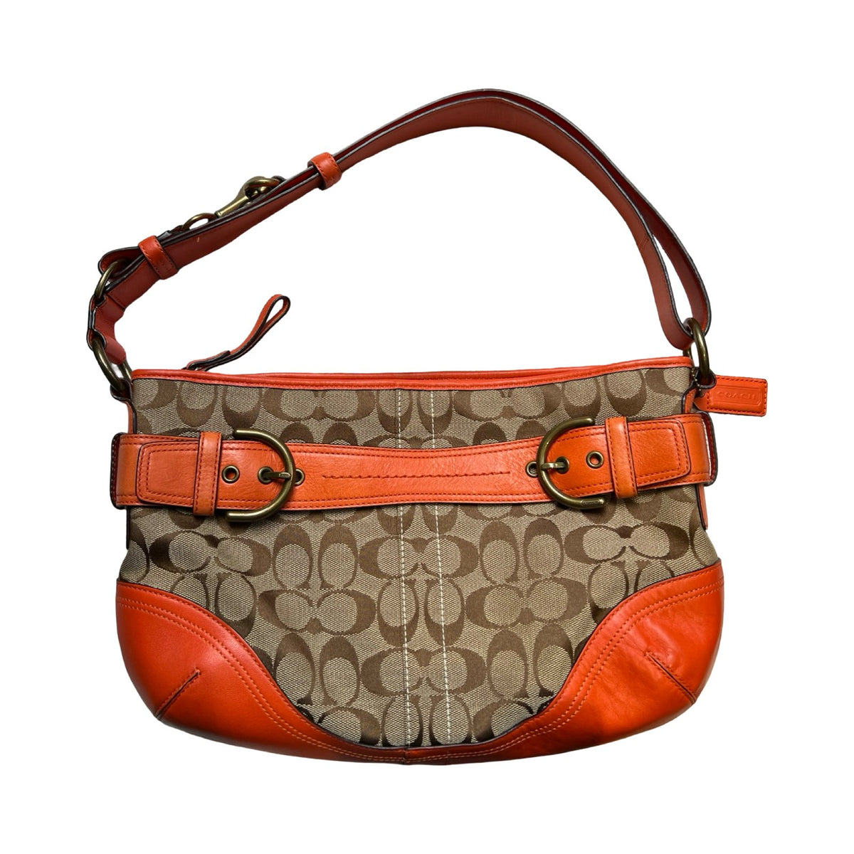 COACH Canvas and Leather Unknown Shoulder Bag Beige, Orange Brass Hardware Co63