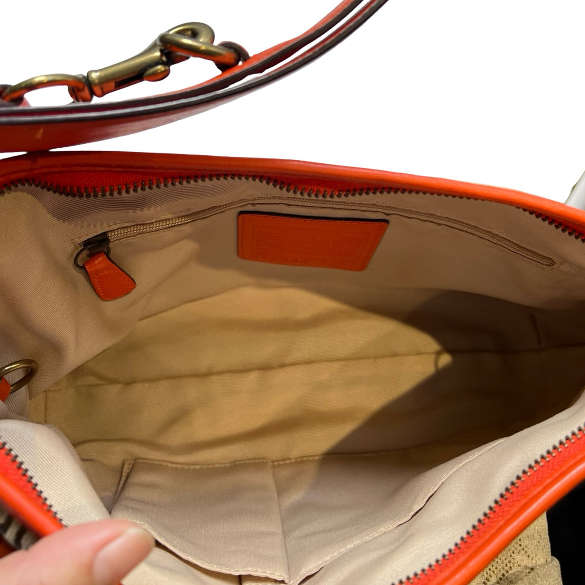 COACH Canvas and Leather Unknown Shoulder Bag Beige, Orange Brass Hardware Co63