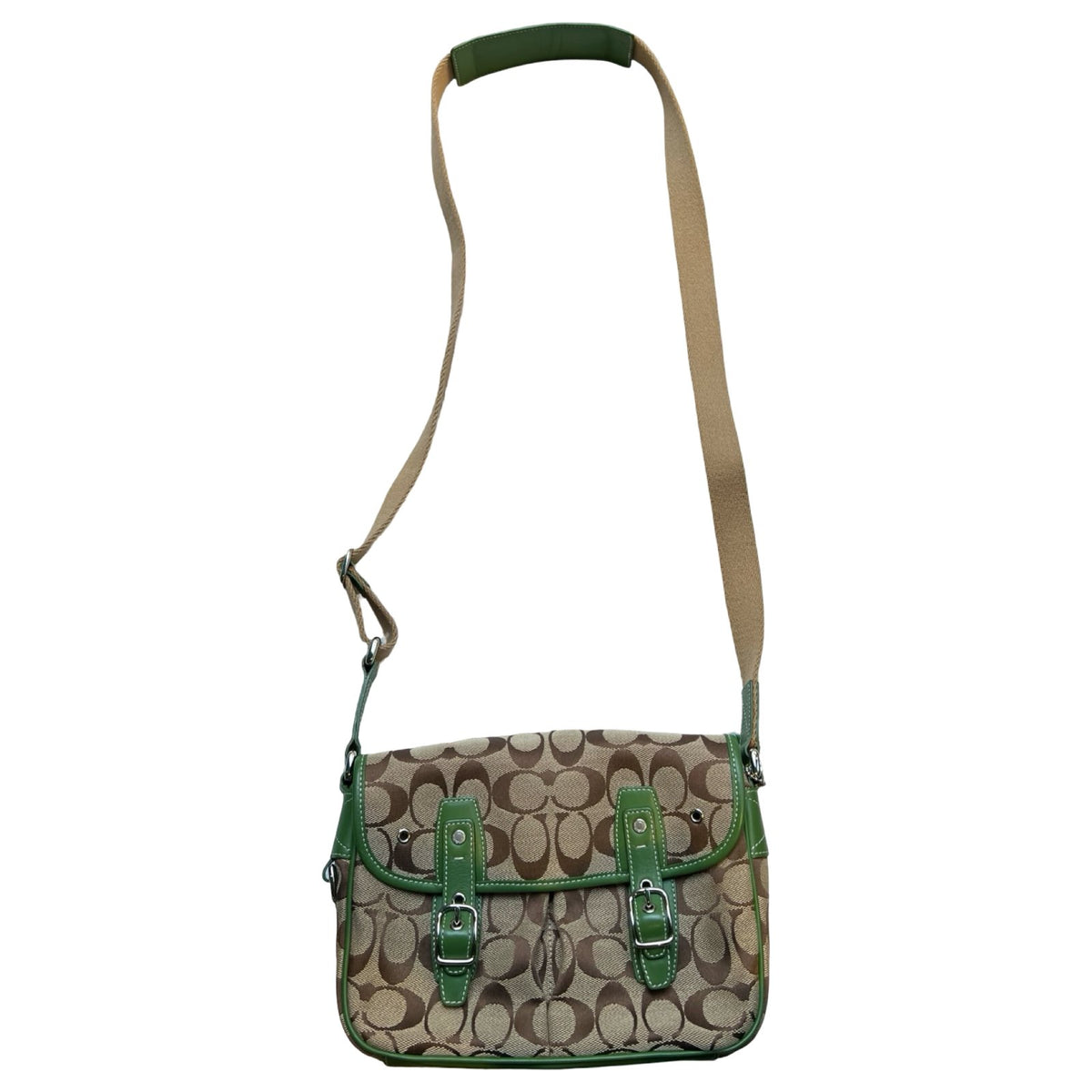 COACH Signature Canvas Messenger Bag Messenger Bag Brown, Green, Beige Silver Hardware Co69