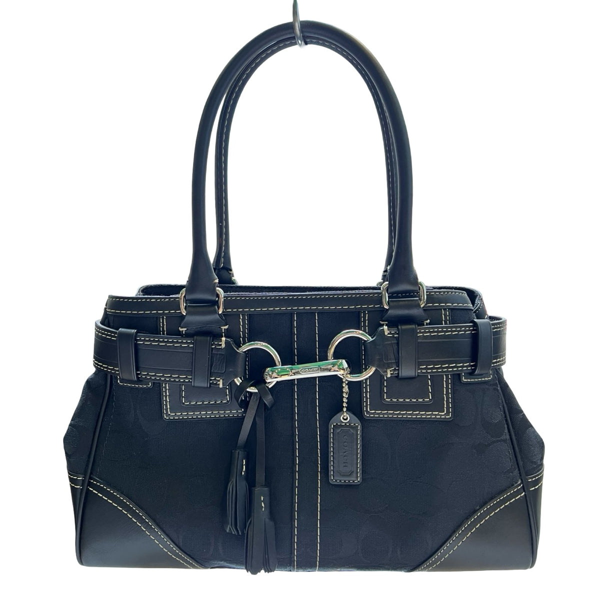 COACH Signature Canvas Hamptons Signature Carryall Handbag Black Silver Hardware Co77