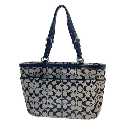 COACH Canvas and Leather Signature Tote Tote Black and Beige Silver Hardware CO91
