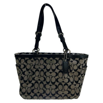 COACH Canvas and Leather Signature Tote Tote Black and Beige Silver Hardware CO91