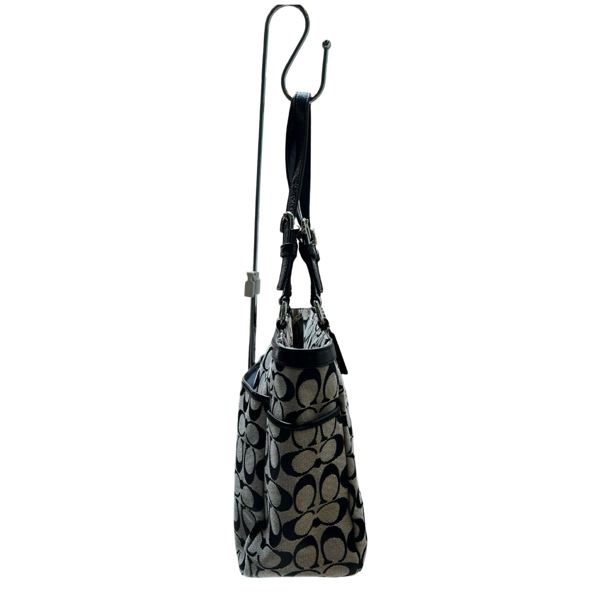 COACH Canvas and Leather Signature Tote Tote Black and Beige Silver Hardware CO91