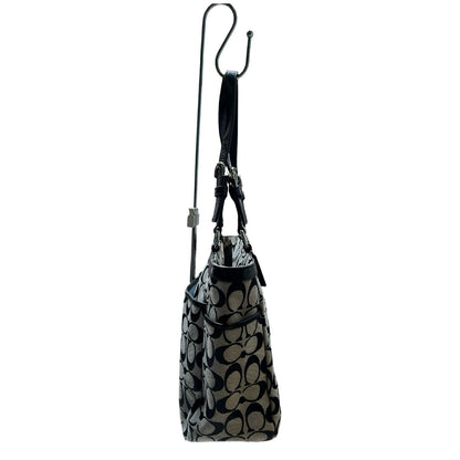 COACH Canvas and Leather Signature Tote Tote Black and Beige Silver Hardware CO91