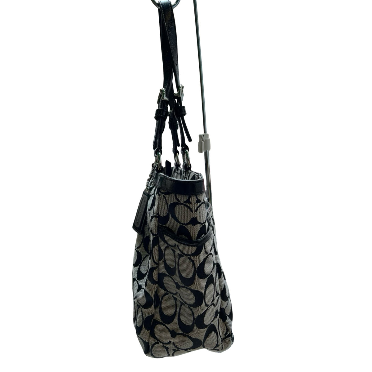 COACH Canvas and Leather Signature Tote Tote Black and Beige Silver Hardware CO91