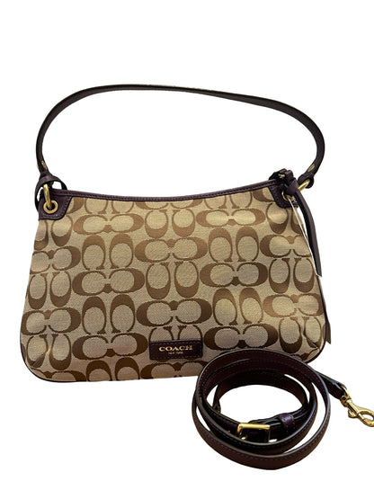 COACH Canvas/Leather Signature Shoulder Bag Shoulder Bag Beige, Brown, Purple Gold-tone Hardware CO68