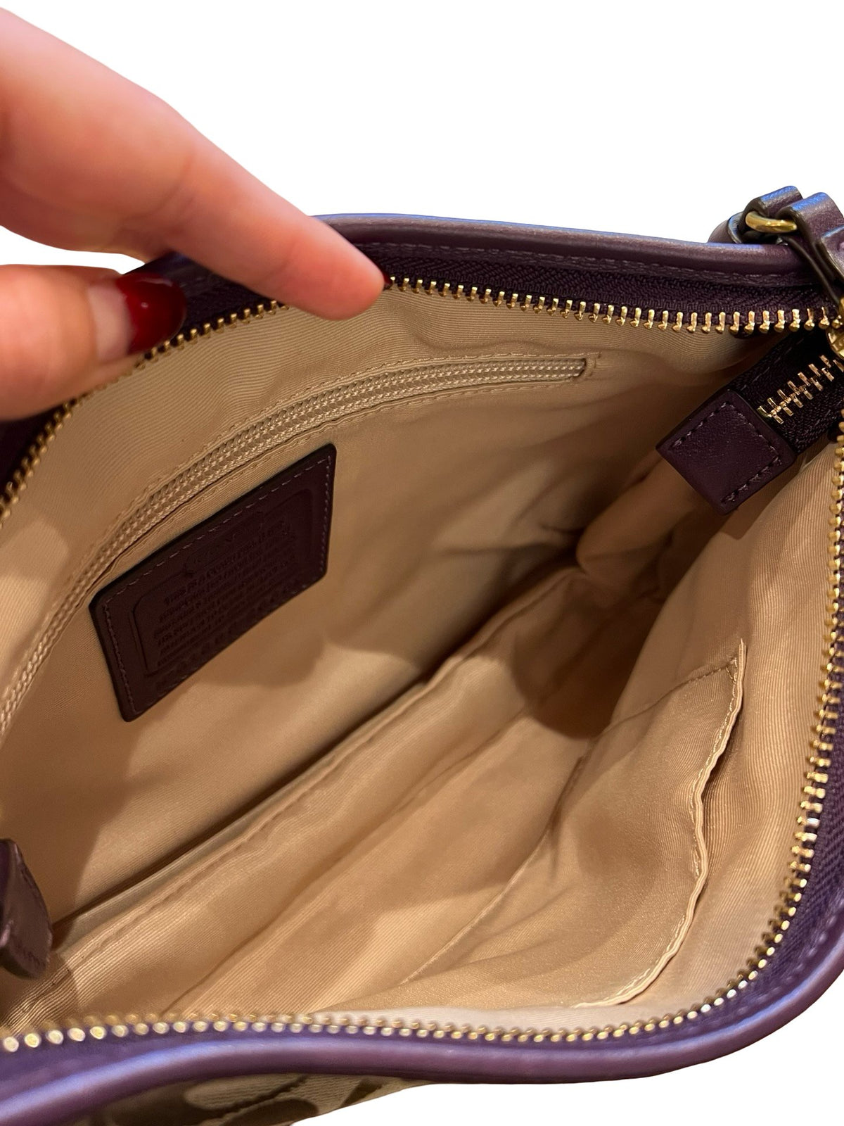 COACH Canvas/Leather Signature Shoulder Bag Shoulder Bag Beige, Brown, Purple Gold-tone Hardware CO68