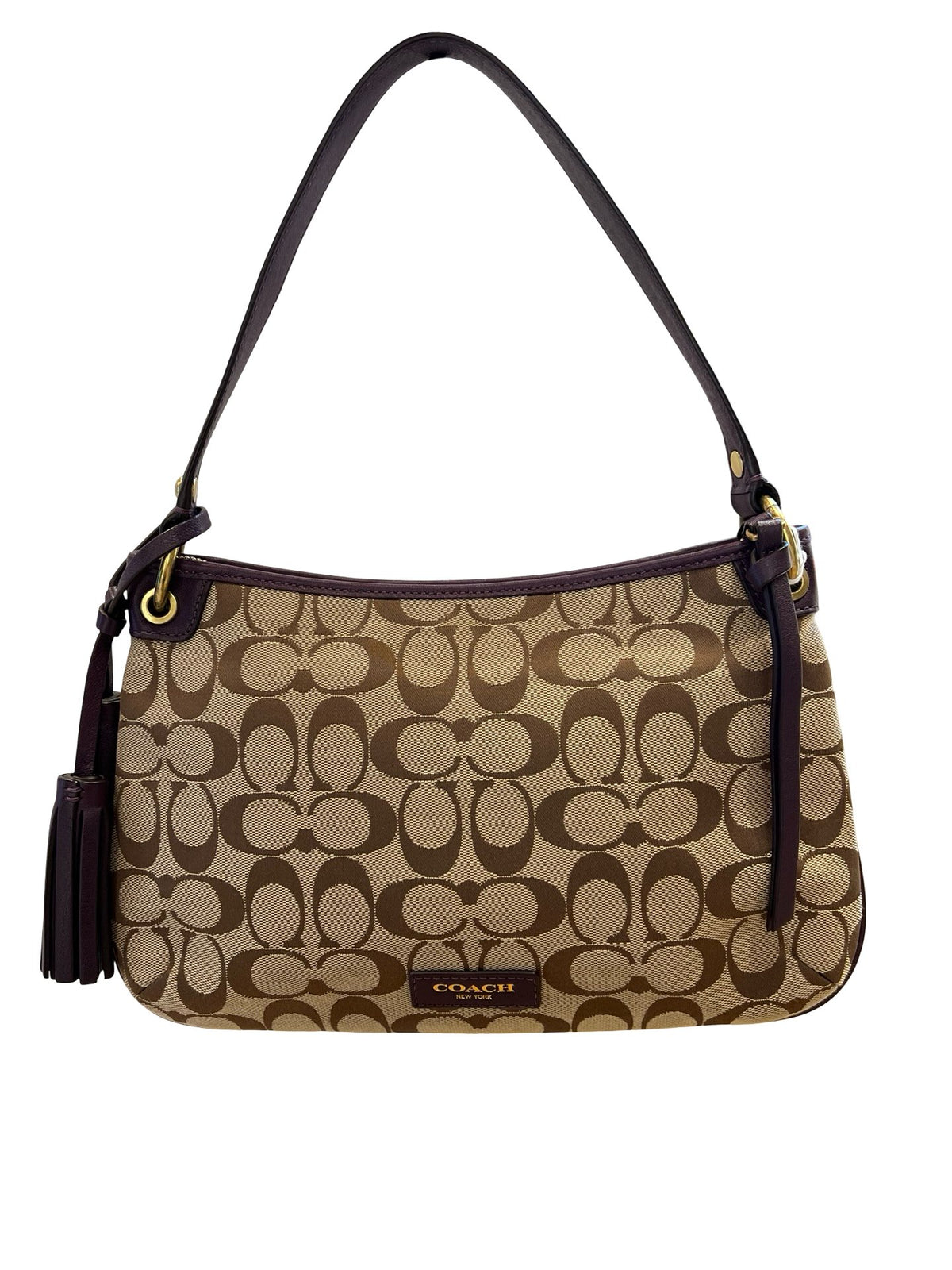 COACH Canvas/Leather Signature Shoulder Bag Shoulder Bag Beige, Brown, Purple Gold-tone Hardware CO68