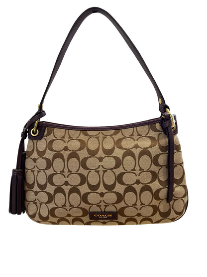 COACH Canvas/Leather Signature Shoulder Bag Shoulder Bag Beige, Brown, Purple Gold-tone Hardware CO68
