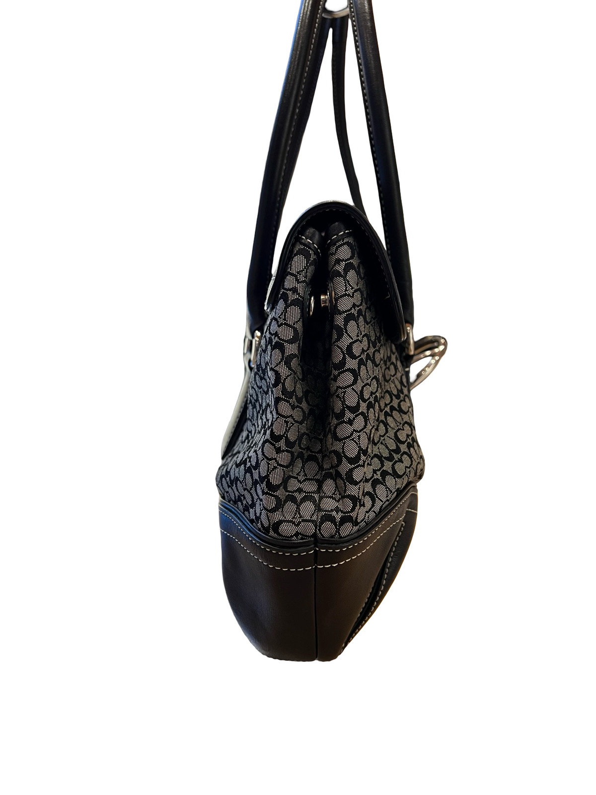 COACH Canvas, Leather Signature Buckle Flap Shoulder Bag Black, Grey Silver Hardware CO73