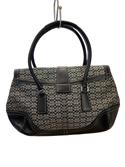 COACH Canvas, Leather Signature Buckle Flap Shoulder Bag Black, Grey Silver Hardware CO73