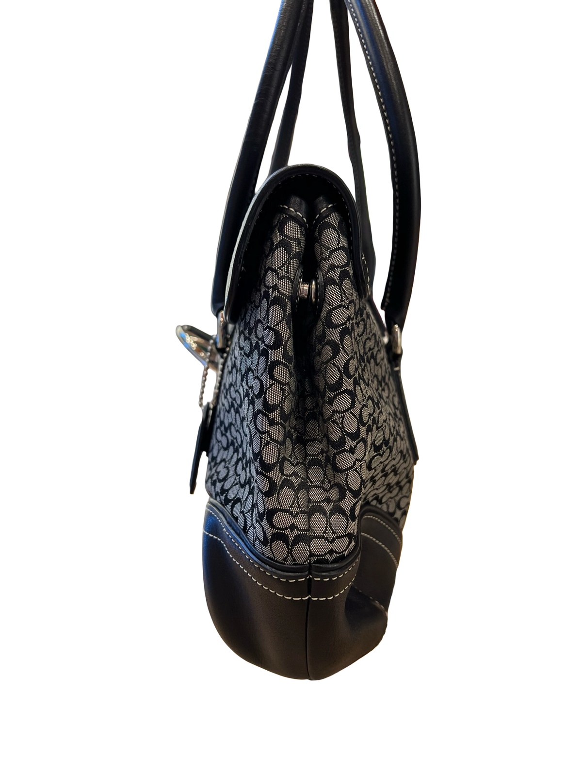COACH Canvas, Leather Signature Buckle Flap Shoulder Bag Black, Grey Silver Hardware CO73