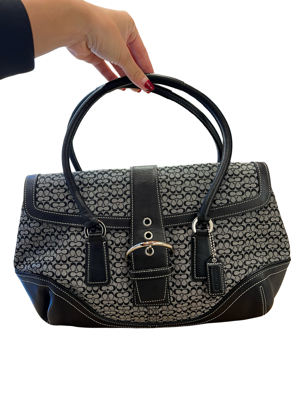 COACH Canvas, Leather Signature Buckle Flap Shoulder Bag Black, Grey Silver Hardware CO73