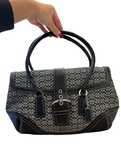 COACH Canvas, Leather Signature Buckle Flap Shoulder Bag Black, Grey Silver Hardware CO73
