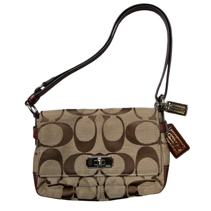 COACH Signature Canvas Signature Flap Shoulder Bag Shoulder Bag Brown, Beige Silver Hardware CO67