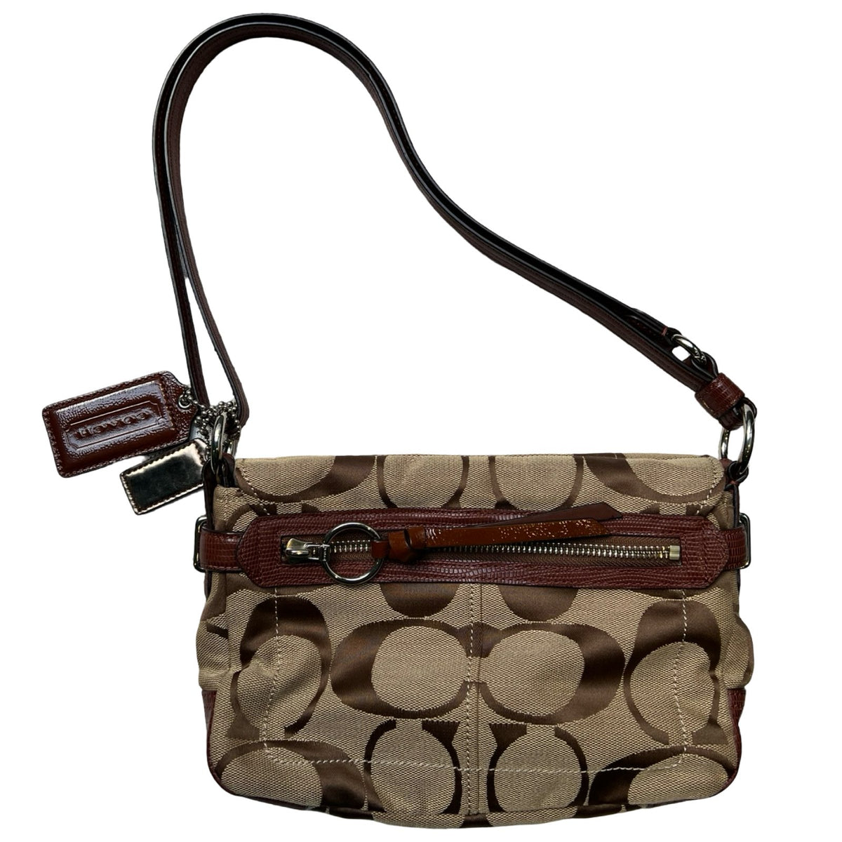COACH Signature Canvas Signature Flap Shoulder Bag Shoulder Bag Brown, Beige Silver Hardware CO67