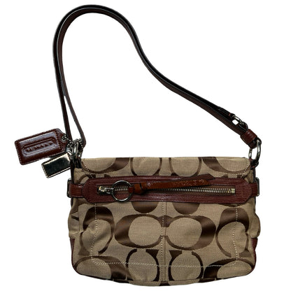 COACH Signature Canvas Signature Flap Shoulder Bag Shoulder Bag Brown, Beige Silver Hardware CO67