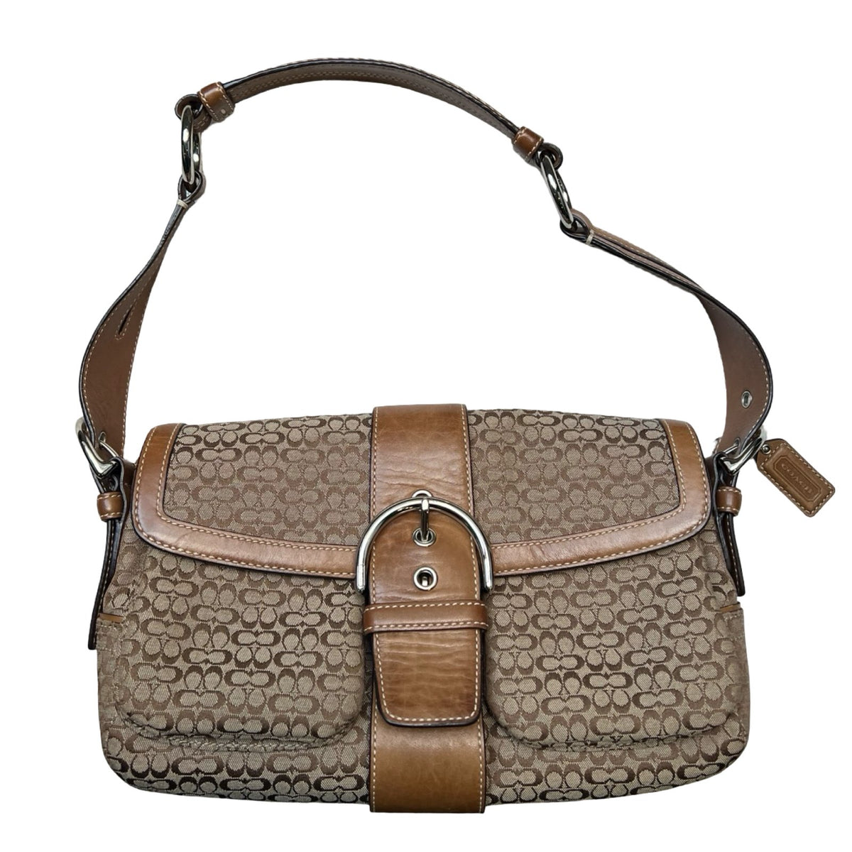 COACH Signature Canvas Signature Buckle Bag Shoulder Bag Brown Silver Hardware CO62