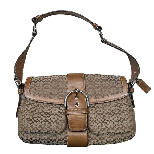 COACH Signature Canvas Signature Buckle Bag Shoulder Bag Brown Silver Hardware CO62